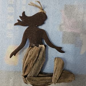 Christmas Driftwood Mermaid  Wood and Metal Ornament..